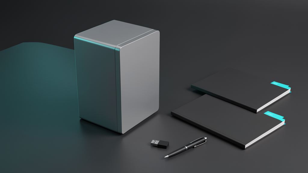 Local computer hardware beside workflow folios and operating tools
